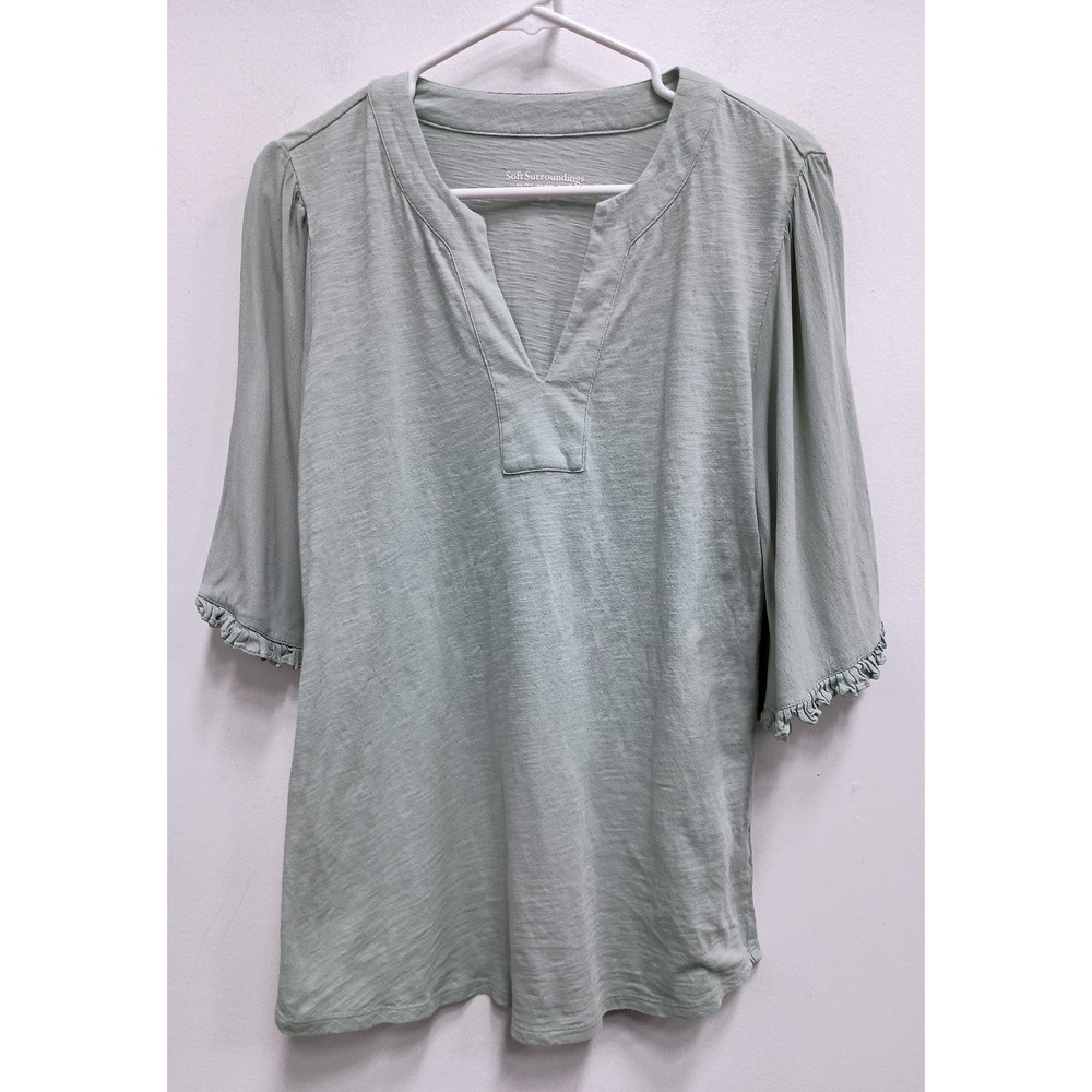 Soft Surroundings BOHO Top Womens Small Green Ruffle Sleeve Casual